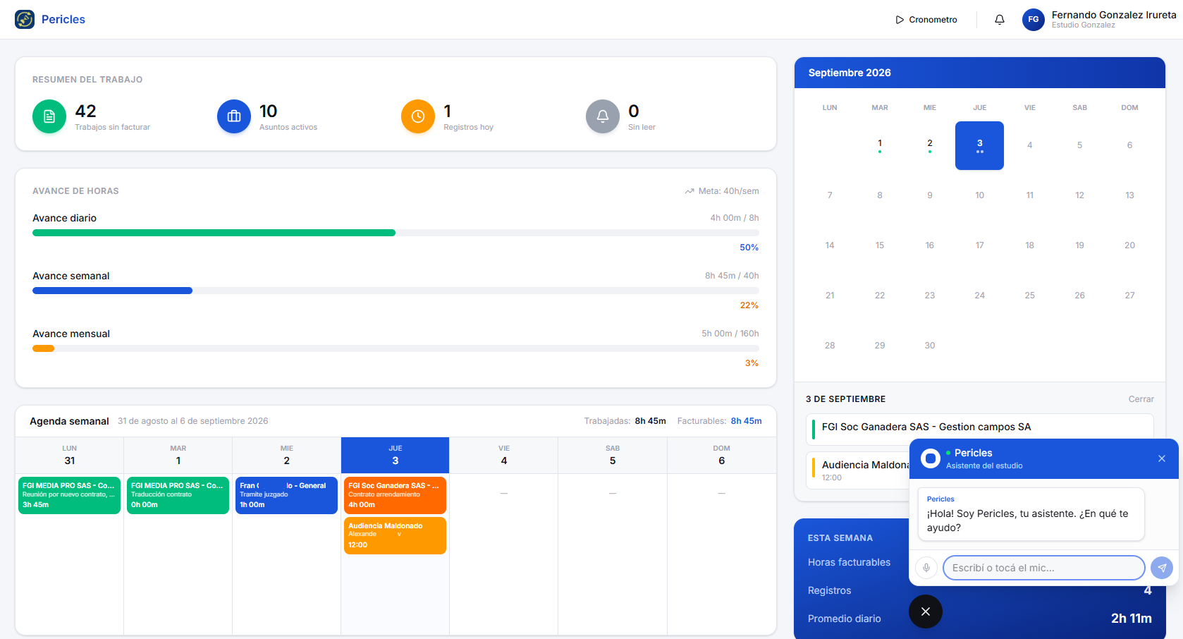 Dashboard de Pericles AI - Vista de gestión de estudio jurídico
